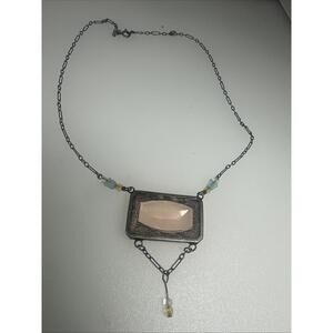 Lucy Isaacs NYC Necklace Sterling Silver Peach Pink Czech Glass Vintage Style